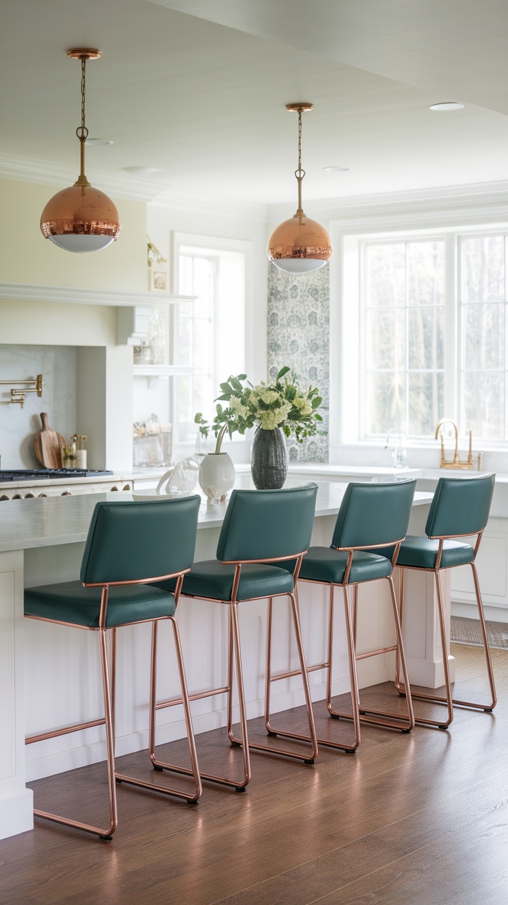 Stylish teal bar stools with copper legs in a luxury kitchen setting