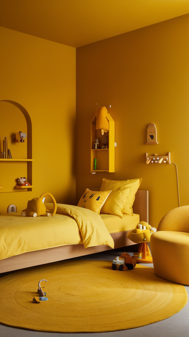 A bright yellow bedroom featuring a yellow bedspread, curtains, and decor.