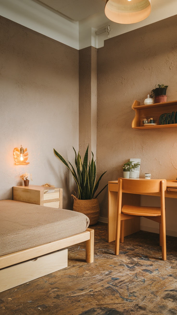 A cozy dorm room with sustainable decor featuring wooden furniture, plants, and soft lighting.