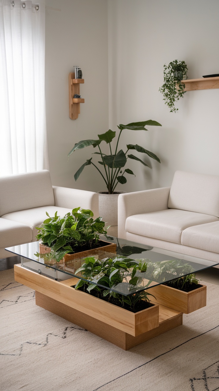 A stylish coffee table featuring built-in planters filled with lush greenery, surrounded by modern furniture.