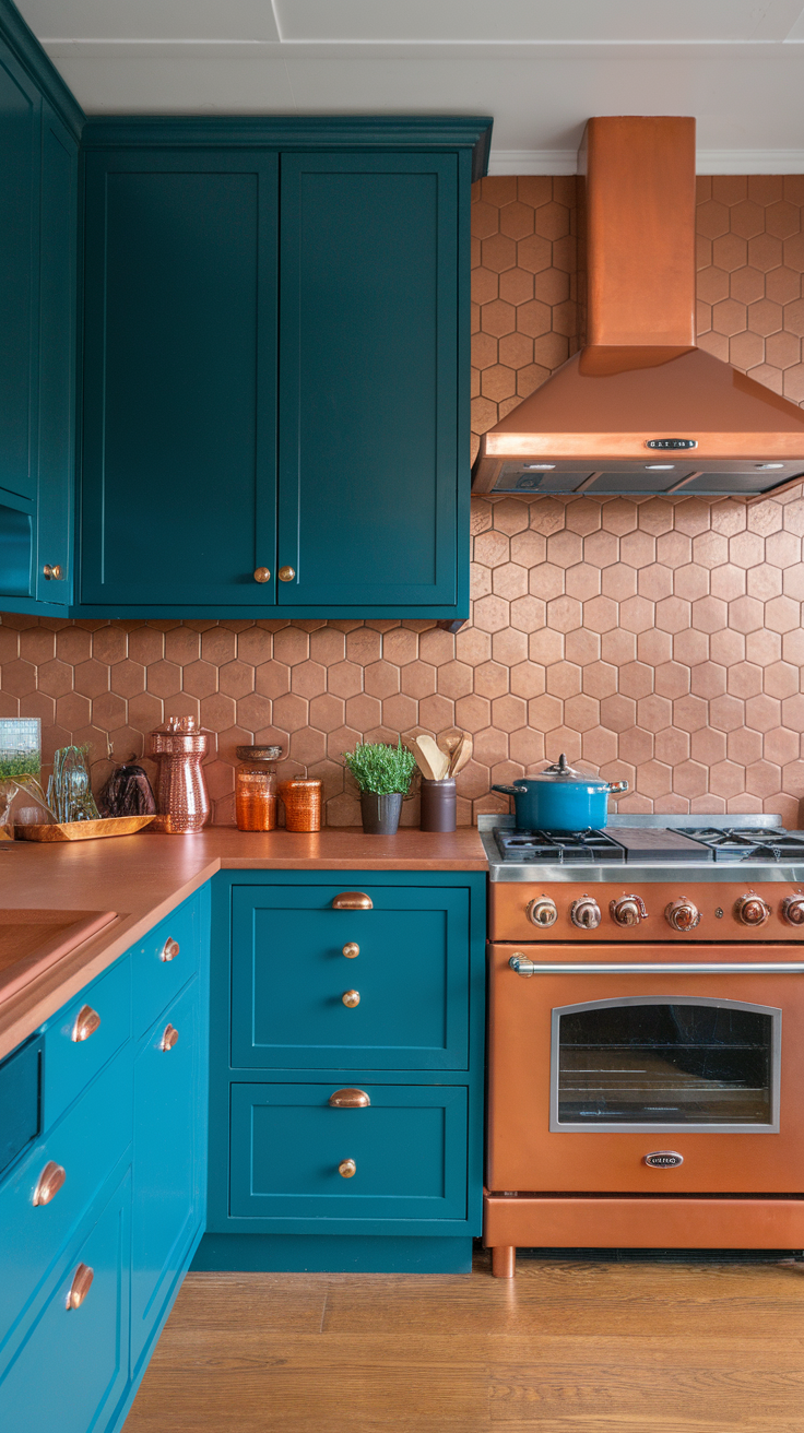 Teal backsplash with copper accents in a stylish kitchen.