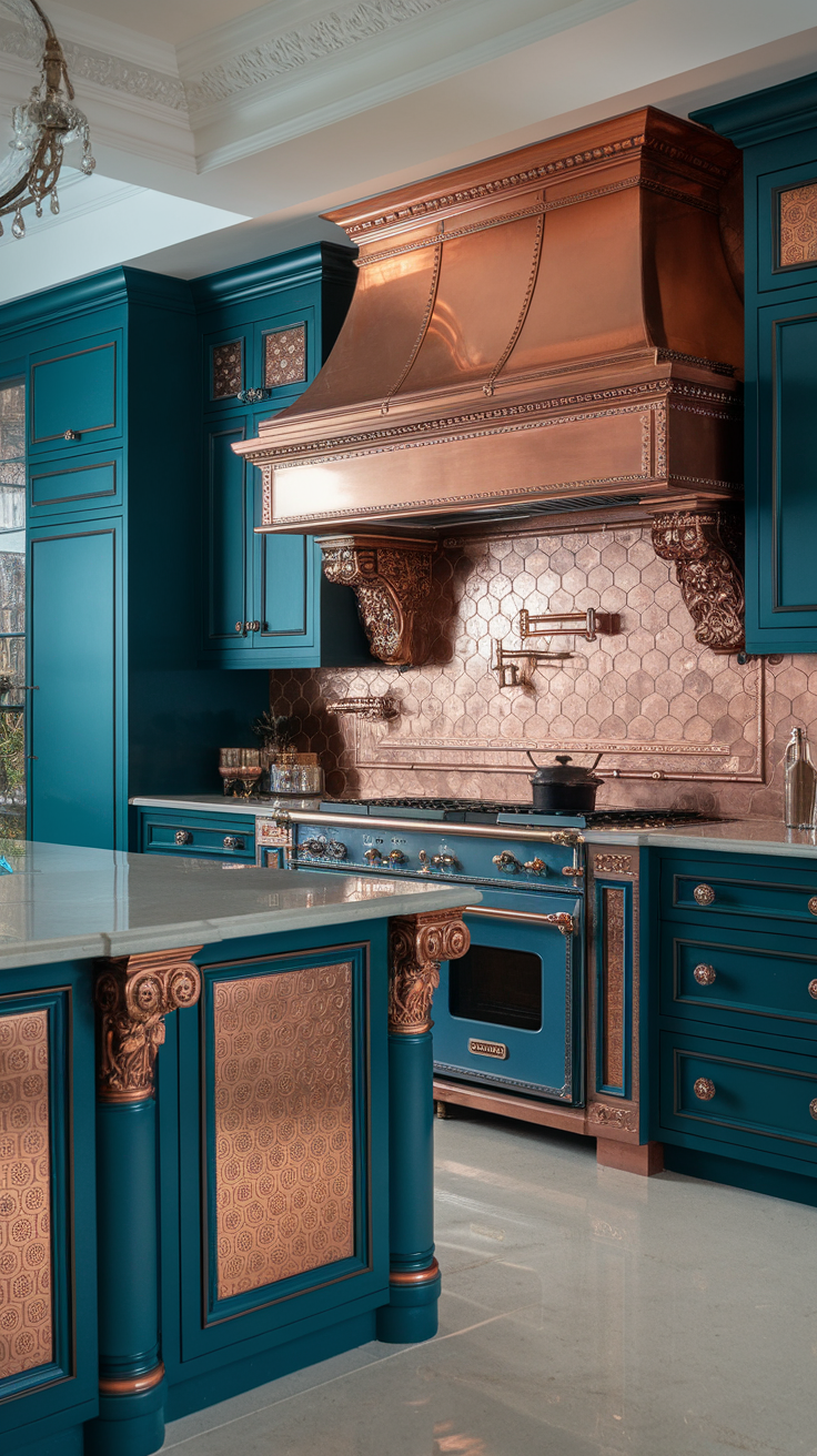 A modern kitchen with teal cabinets and copper accents.