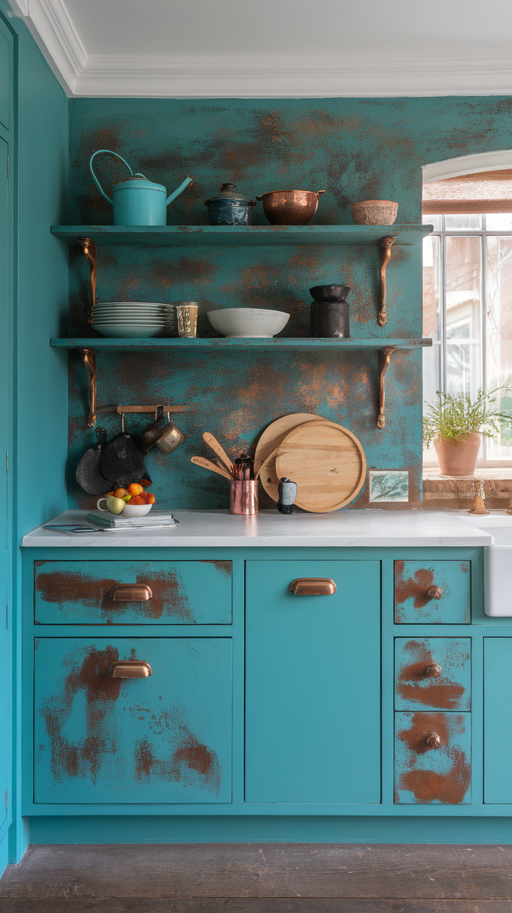 A stylish kitchen featuring teal cabinets and a textured teal wall.