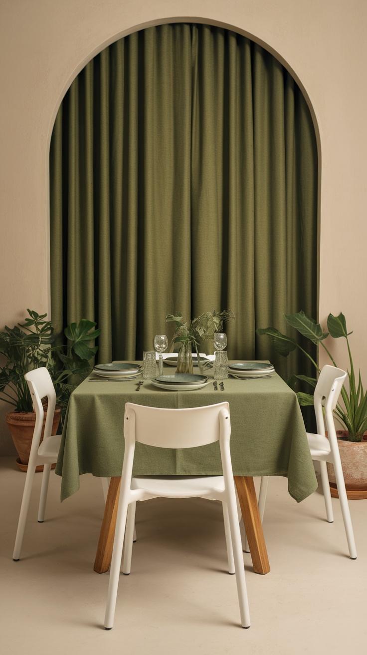 A dining table with a green tablecloth and matching curtains, surrounded by white chairs and plants.