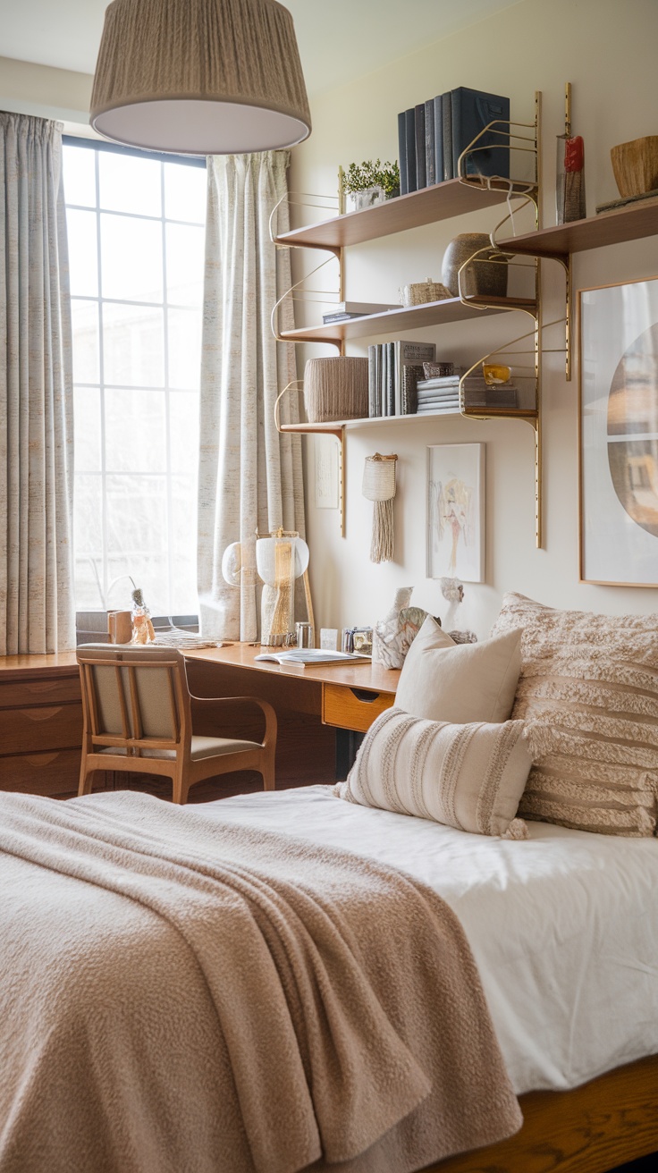 A cozy dorm room with textured throw pillows on the bed, showcasing a warm and inviting atmosphere.