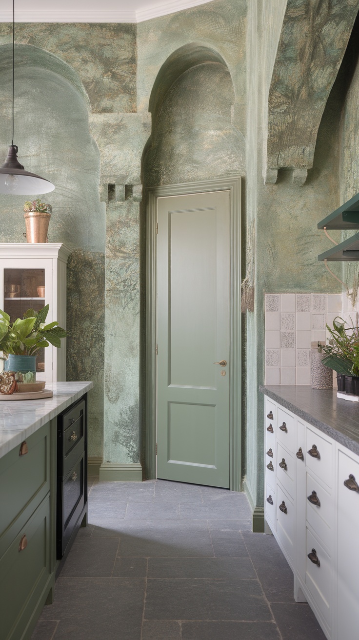 A green open concept kitchen with textured walls and stylish decor.