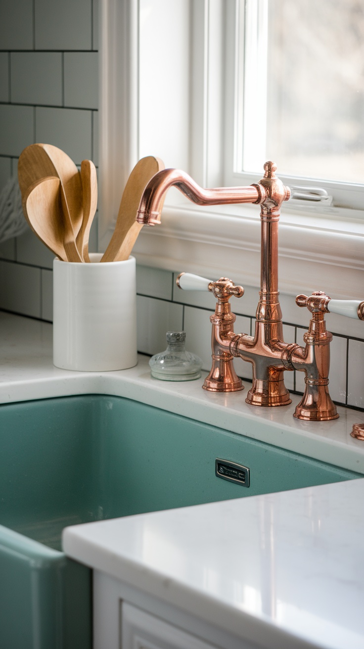 Copper fixtures in a teal kitchen setting with wooden utensils and a modern sink.