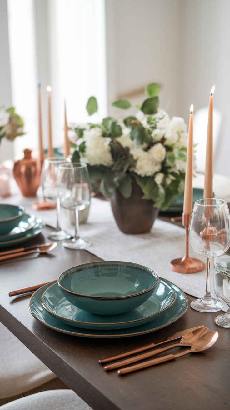 Teal dishware and copper accents arranged on a dining table with flowers and candles.