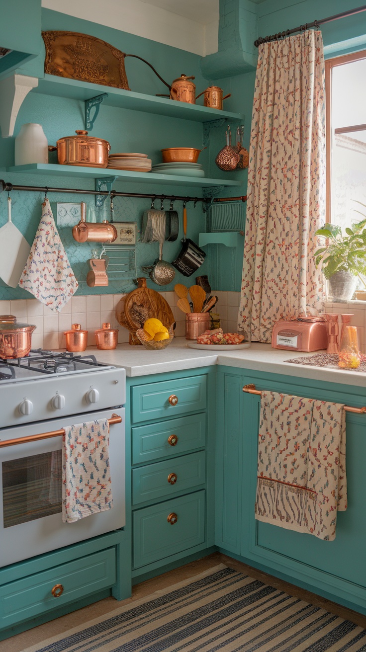 Cozy and stylish kitchen with copper accents and teal walls, showcasing textiles that enhance the decor.