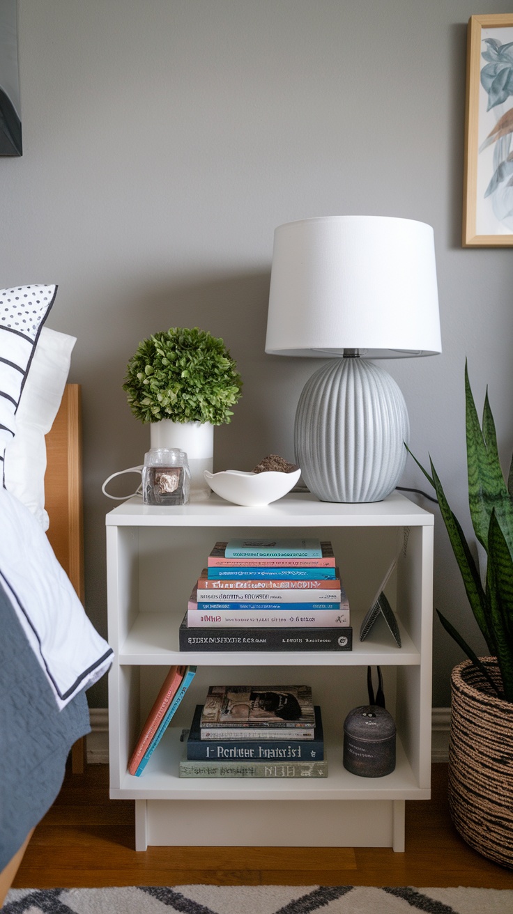 A stylish bedside table with books, a lamp, and a plant.