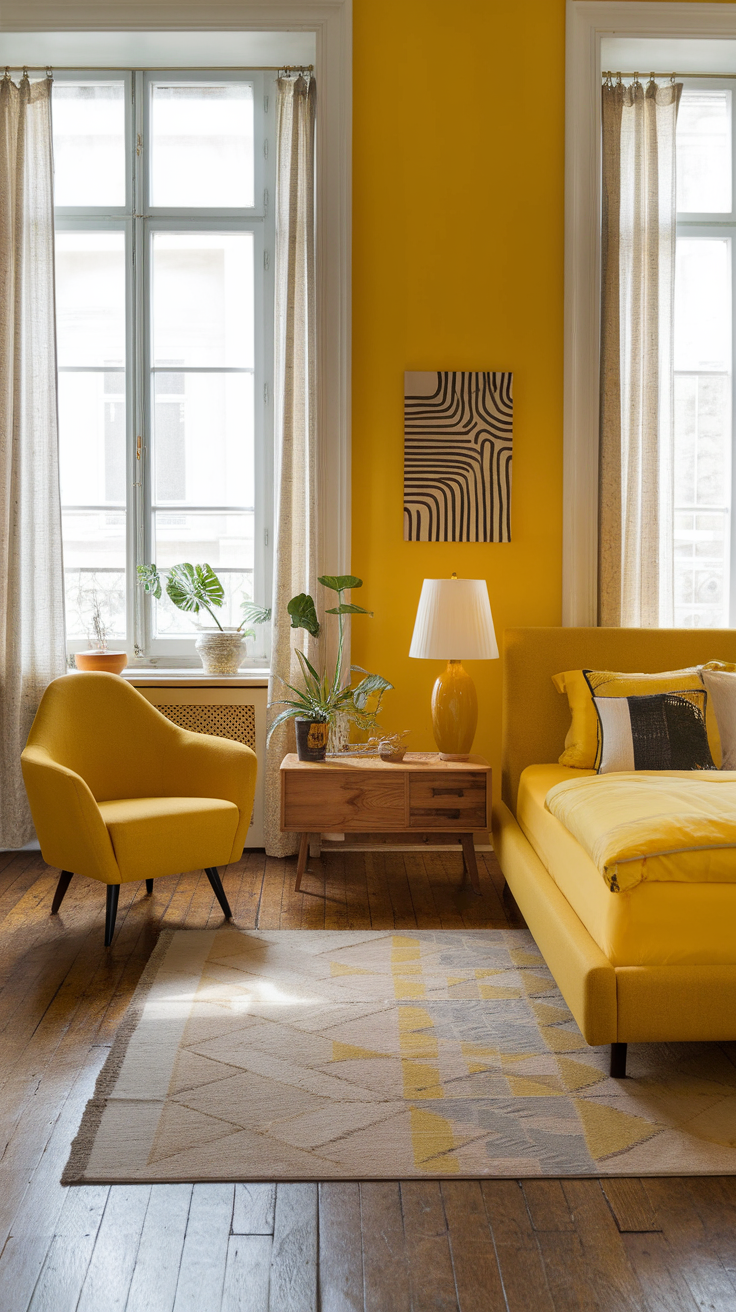 Bright yellow bedroom with a cozy chair, small table, and plants.