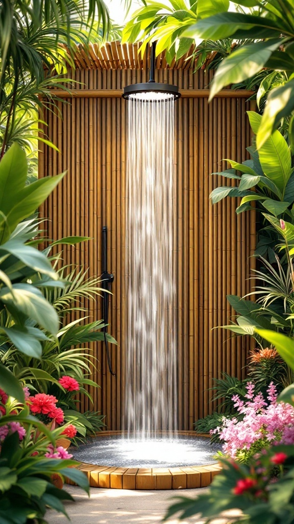 A beautiful tropical bamboo shower enclosure with a waterfall showerhead, surrounded by plants and flowers.