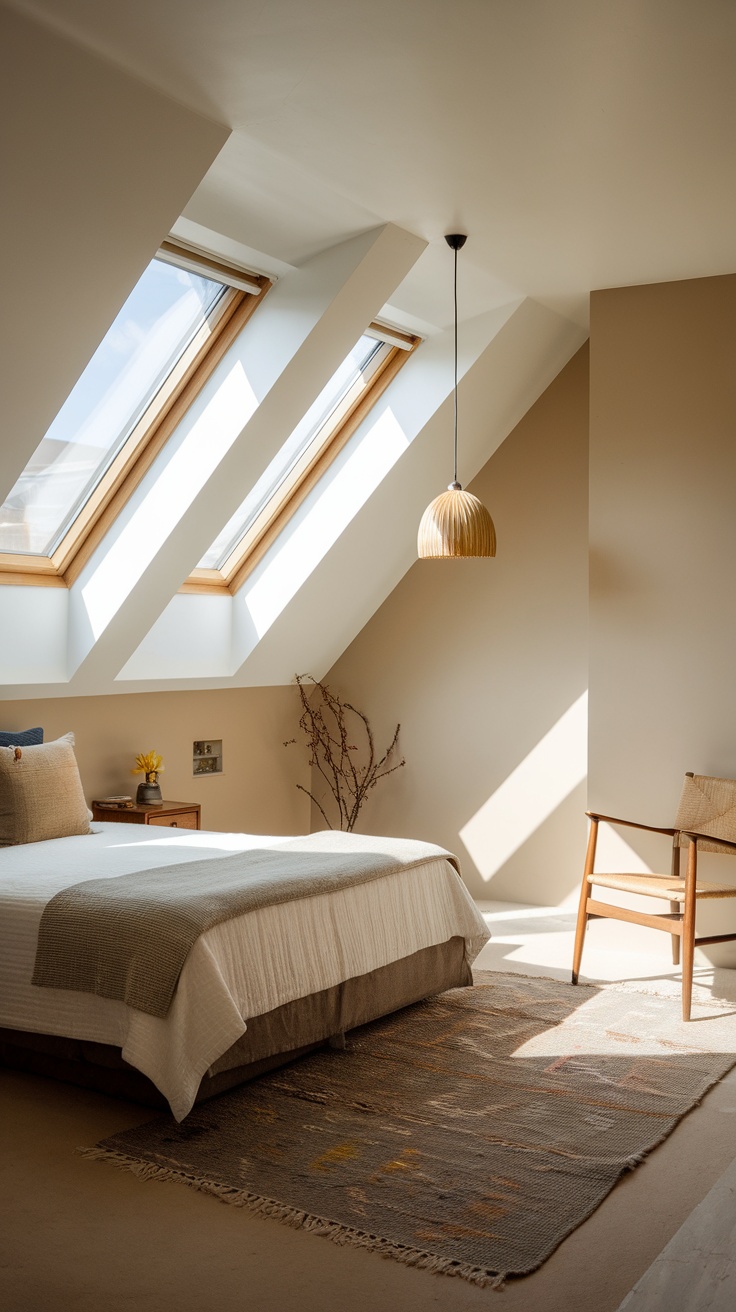 A bright bedroom with sloped ceilings showcasing skylights that allow natural light to flood the space.