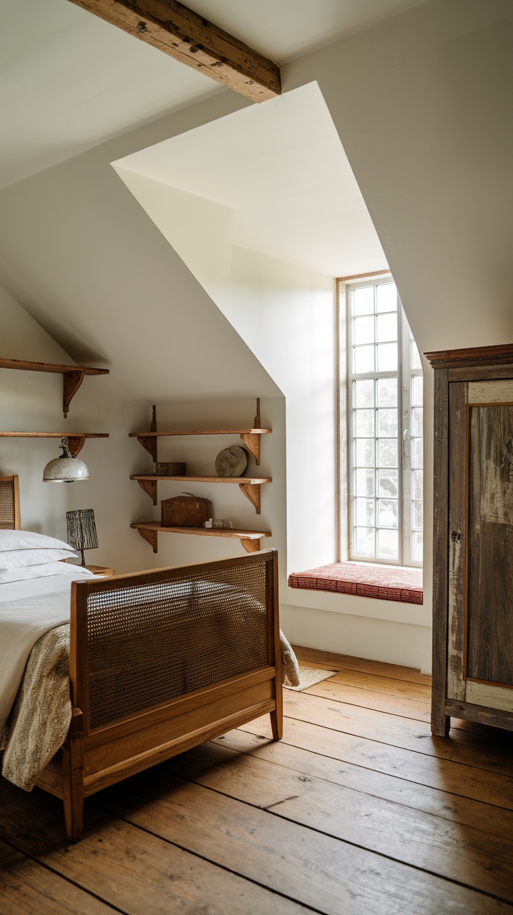 Cozy bedroom with vintage furniture and sloped ceiling.