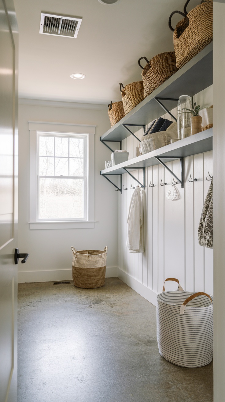 A bright laundry mud room featuring wall-mounted shelves with baskets and storage containers.