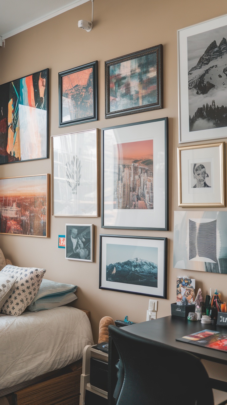 A stylish dorm room with a gallery wall featuring various framed artworks.