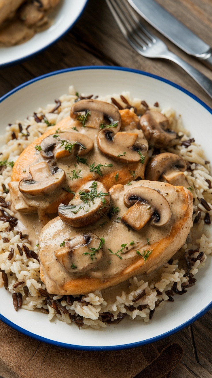 Creamy mushroom chicken served over wild rice, garnished with herbs, on a rustic wooden table.