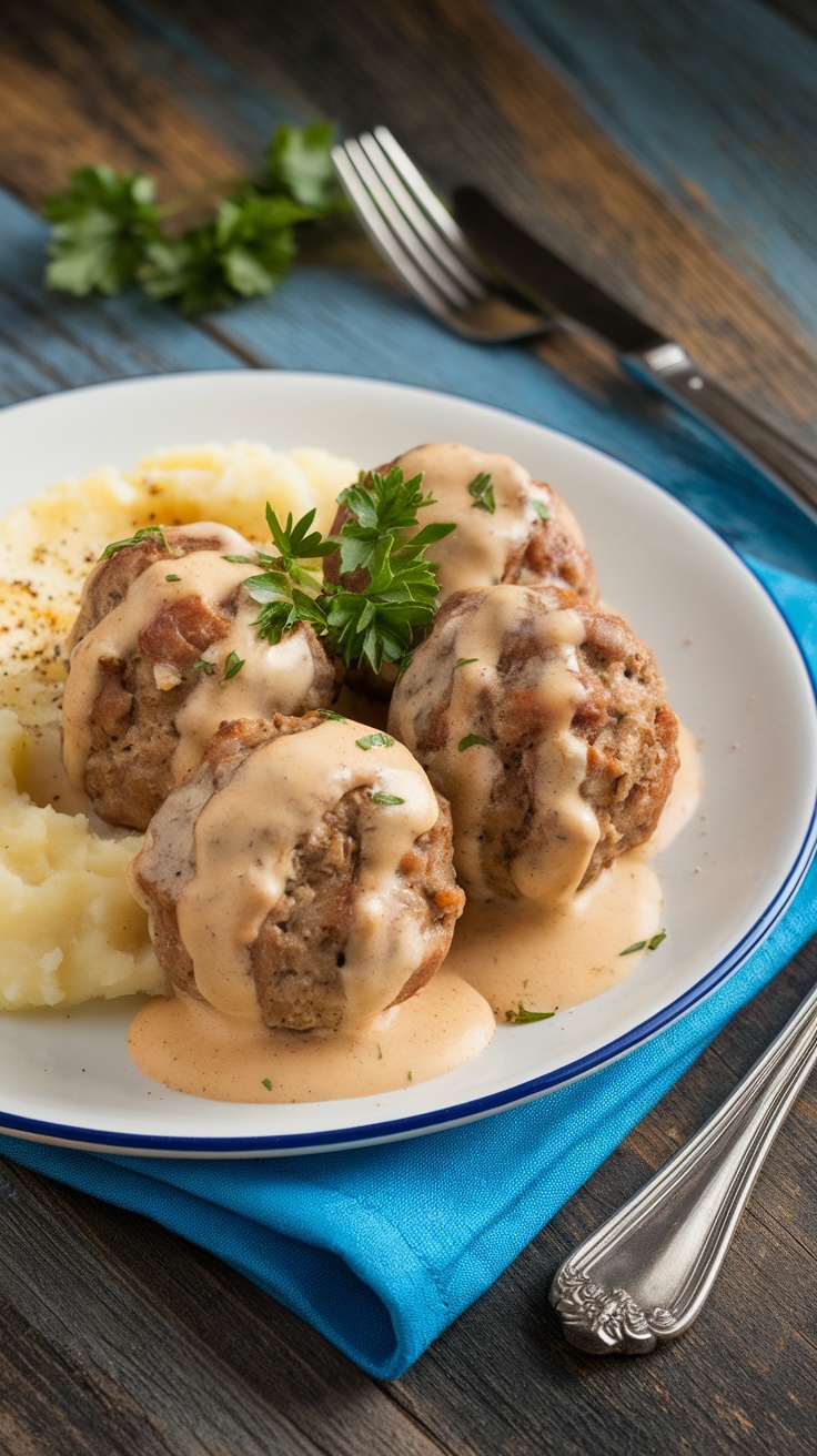 A delicious serving of Swedish meatballs in creamy sauce with mashed potatoes and parsley on a rustic table.