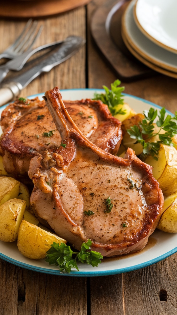 Ranch pork chops with roasted potatoes garnished with parsley on a rustic table.