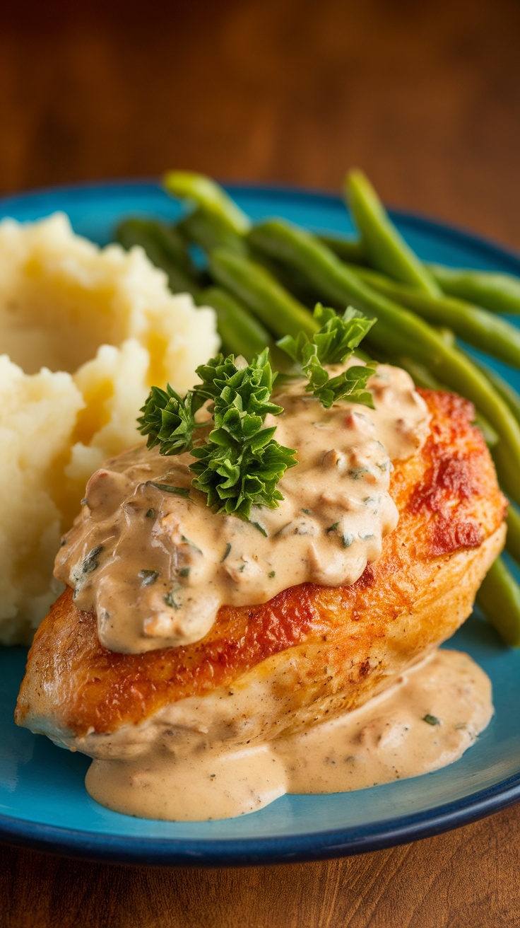 Baked chicken with cream of chicken soup, garnished with parsley, on a plate with mashed potatoes and green beans.