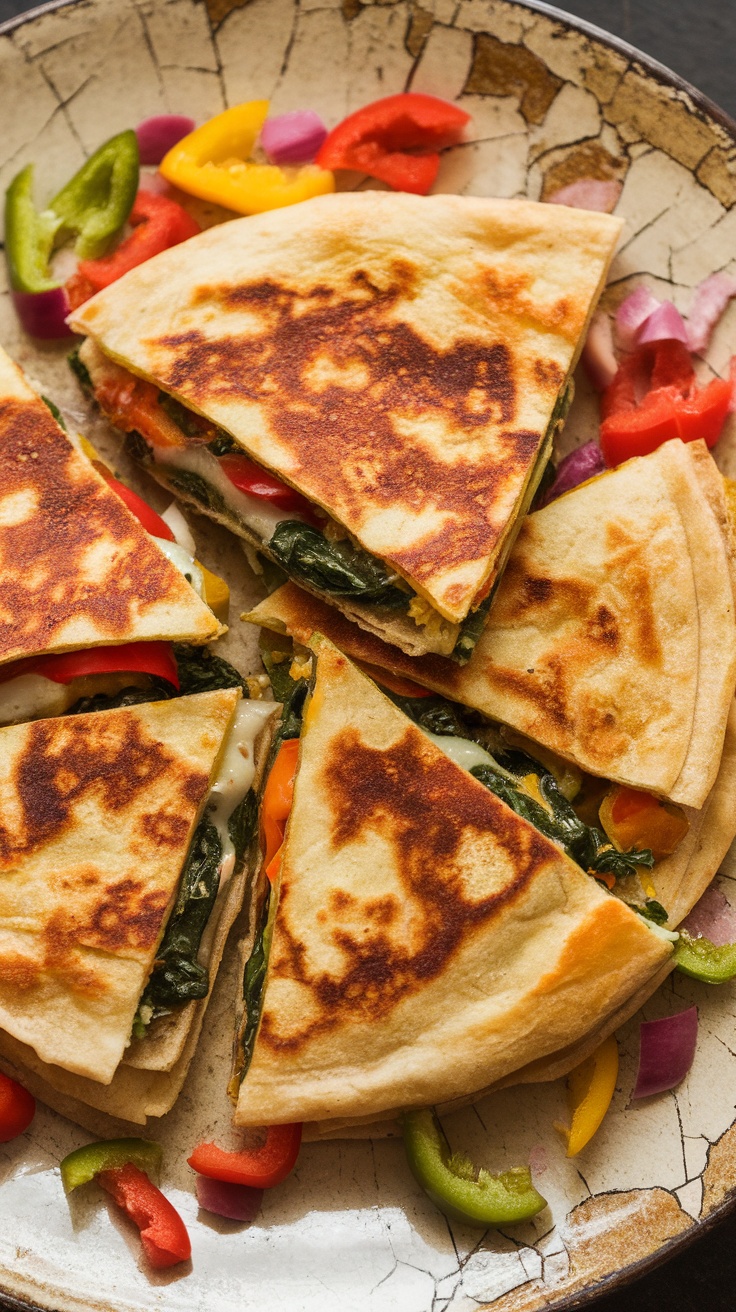 Crispy vegetable quesadillas filled with cheese and veggies, served with fresh salsa on a colorful plate.