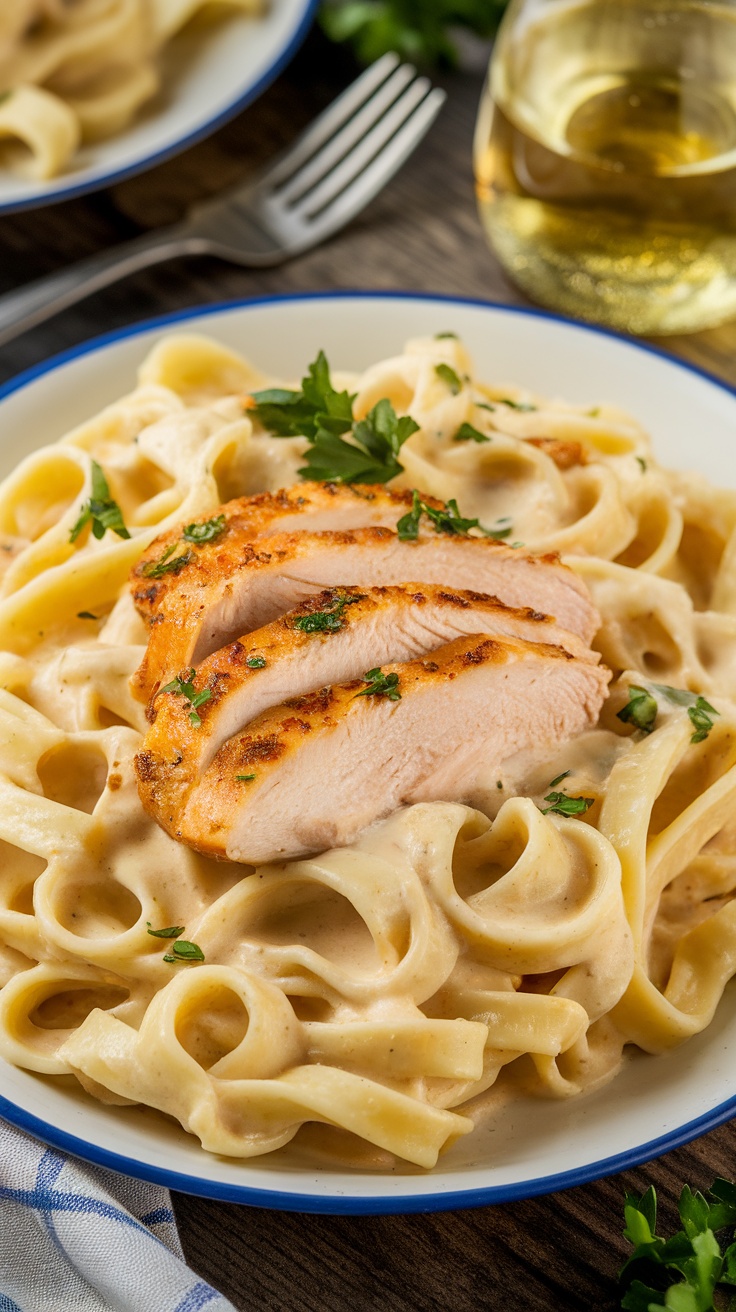 Creamy chicken Alfredo pasta with fettuccine, garnished with parsley, served on a rustic wooden table.
