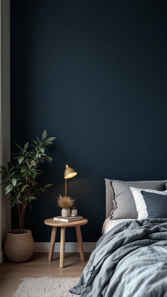 Cozy bedroom featuring a deep navy accent wall with light-colored bedding and plants.