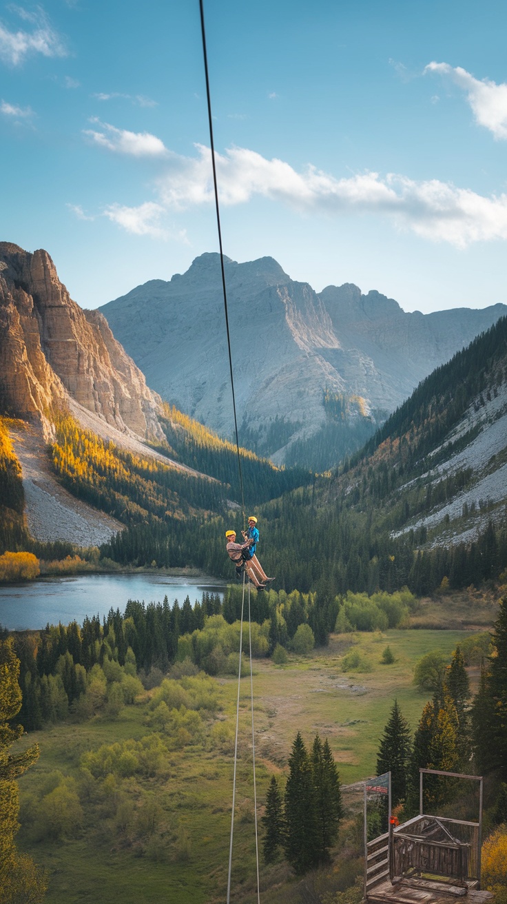 Couple ziplining above a valley with mountains in the background