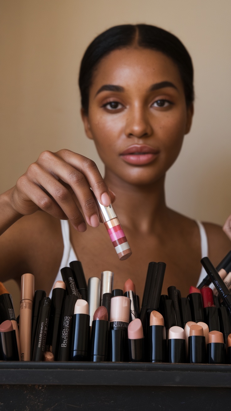 A woman holding a colorful all-in-one makeup stick in front of a variety of makeup products.