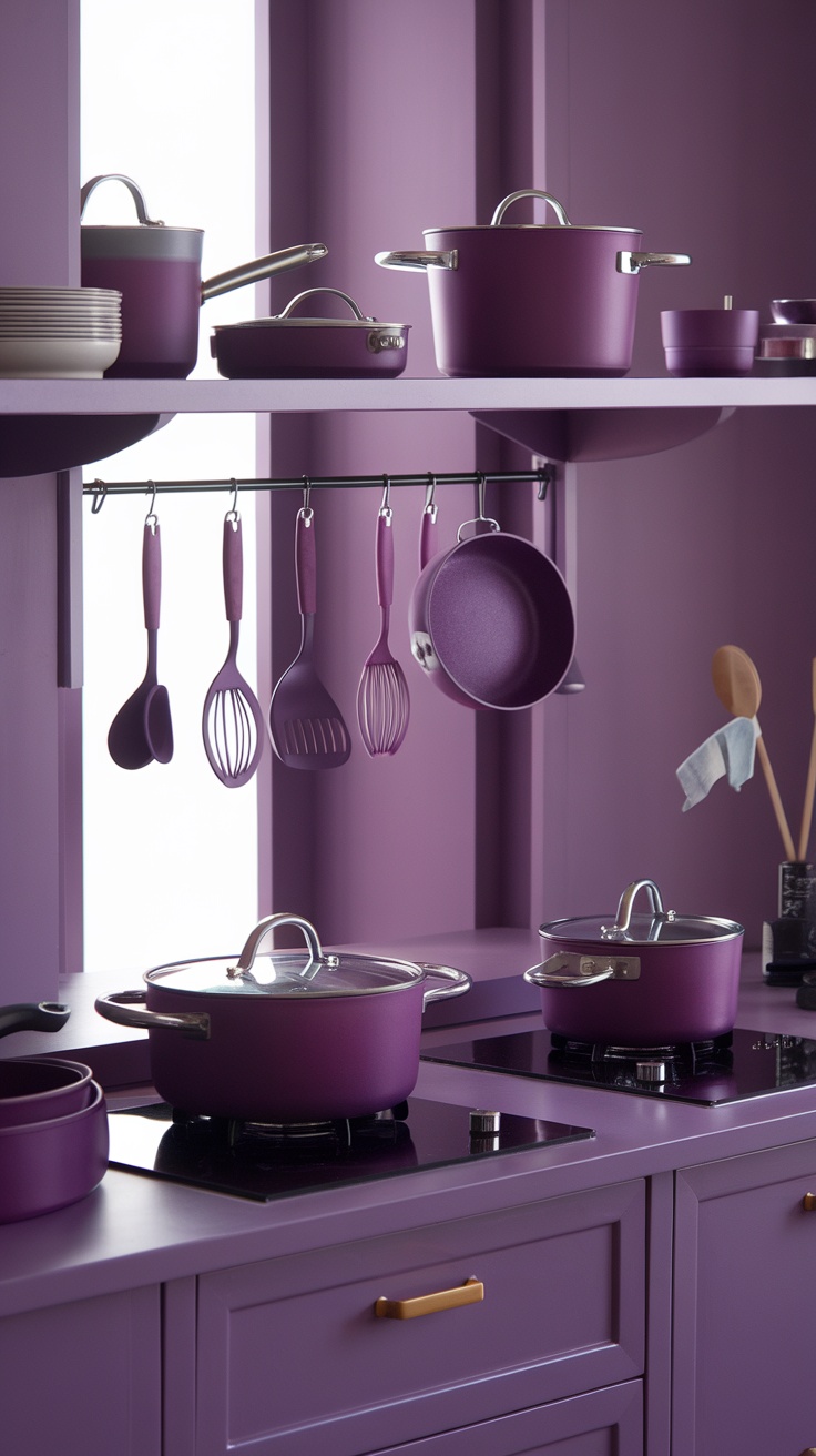 A stylish purple kitchen featuring amethyst-themed pots, pans, and utensils organized neatly.