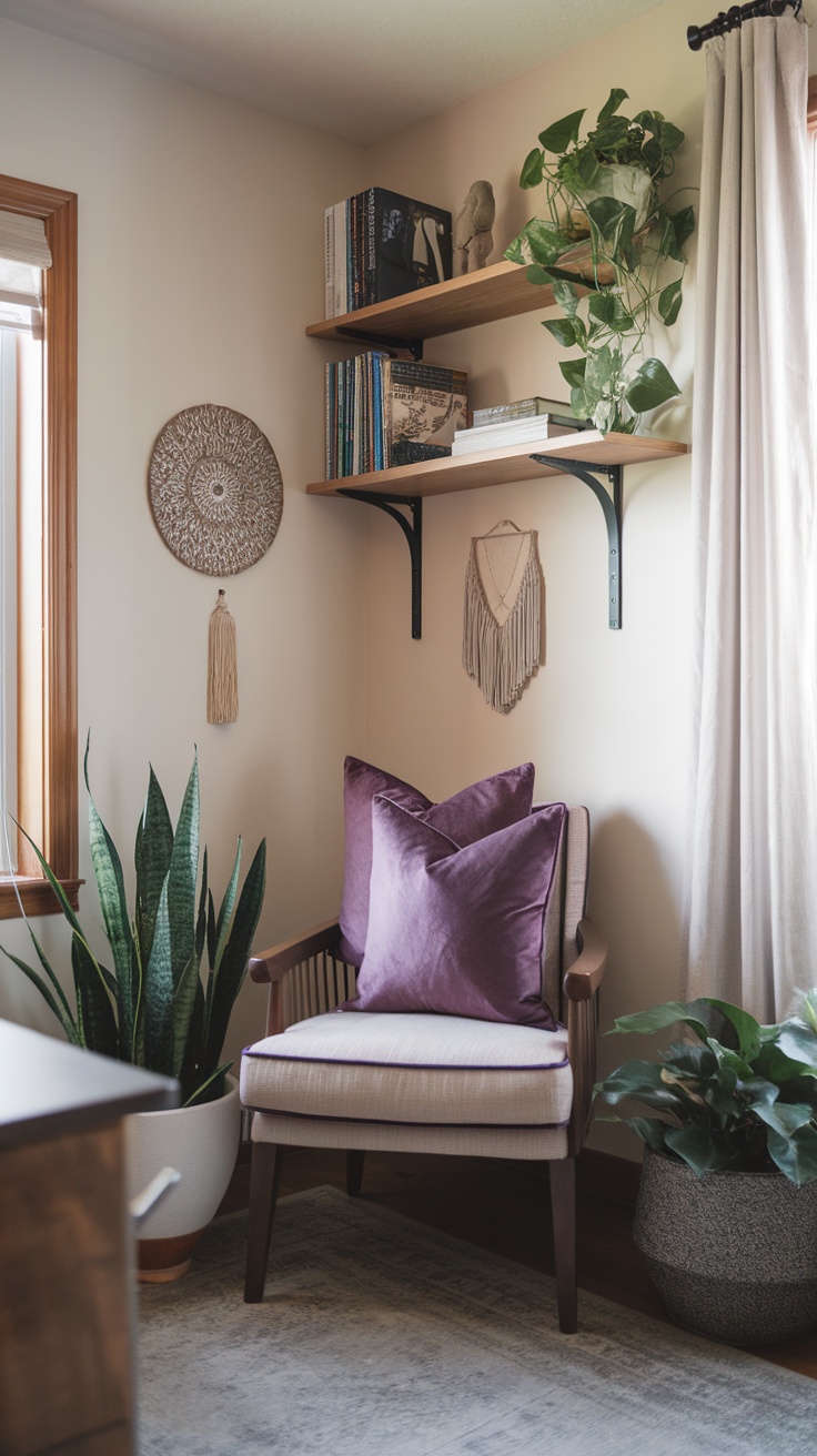 Cozy home office corner featuring amethyst throw pillows on a chair, surrounded by plants and decor.