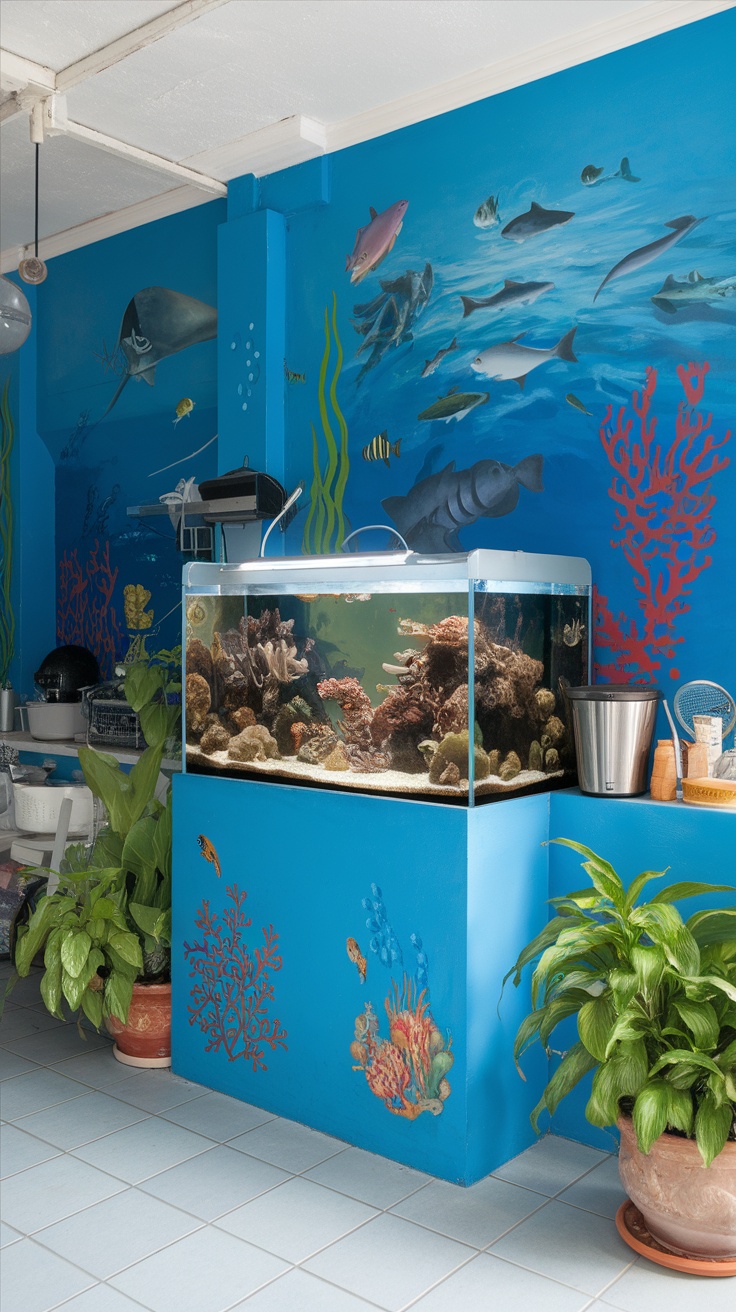A bright blue kitchen with aquatic-themed wall art featuring fish and coral murals, alongside an aquarium filled with colorful marine life.