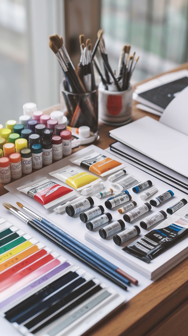 A collection of art supplies including paints, brushes, and sketchbooks arranged on a wooden table.