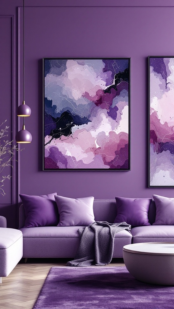 Modern purple living room with abstract wall art and a cozy sofa