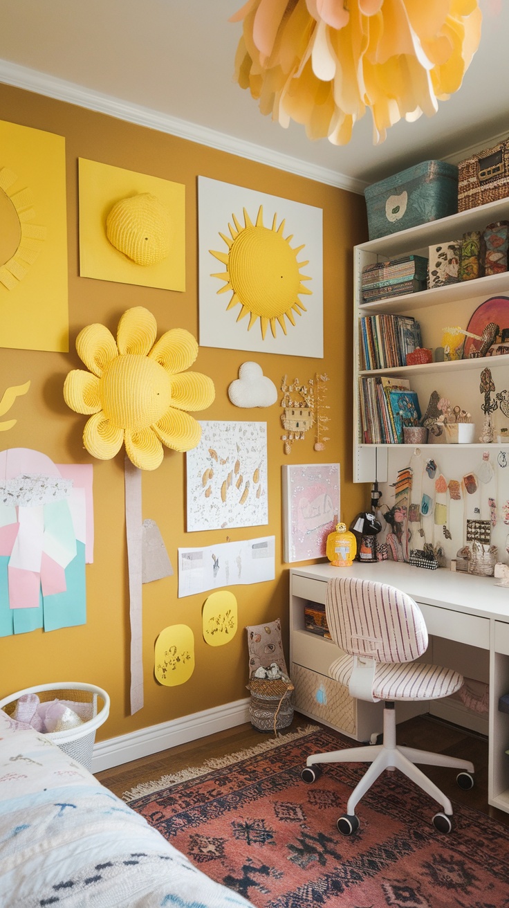 A bright yellow-themed bedroom corner featuring DIY crafts like sun and flower art on the walls, a cozy workspace, and cheerful decor.