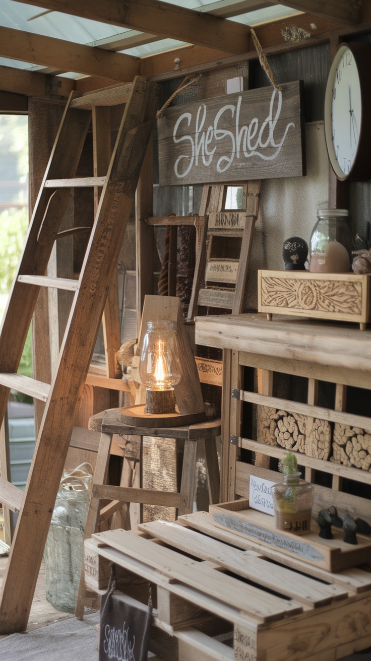 Cozy and rustic interior of a she shed with wooden decor and warm lighting.