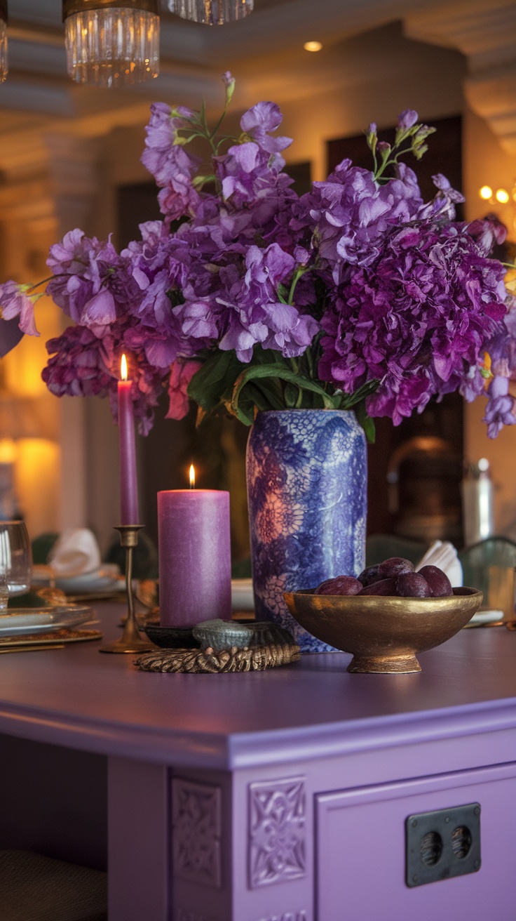 A purple kitchen centerpiece featuring vibrant flowers in a decorative vase, candles, and a bowl of fruits.