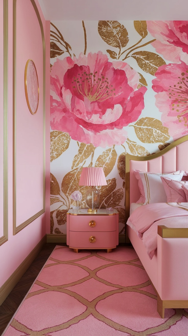 A pink and gold bedroom featuring a floral wall mural and matching decor.