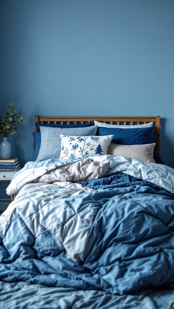 Cozy blue-themed bedding with various shades of blue and decorative pillows.
