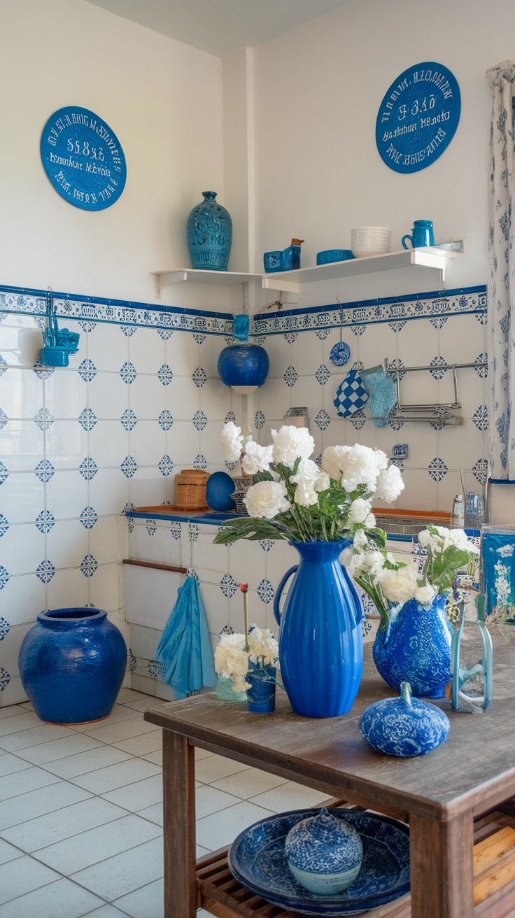 A blue-themed kitchen featuring various blue decor items and floral arrangements.