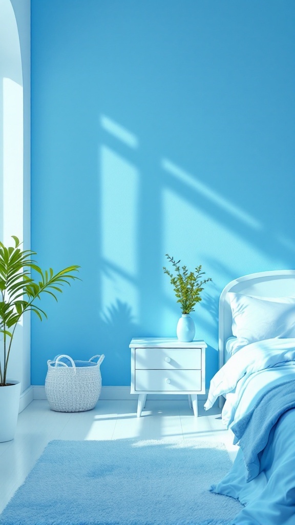 A cozy bedroom featuring bright blue walls, white furniture, and soft blue bedding with plants.