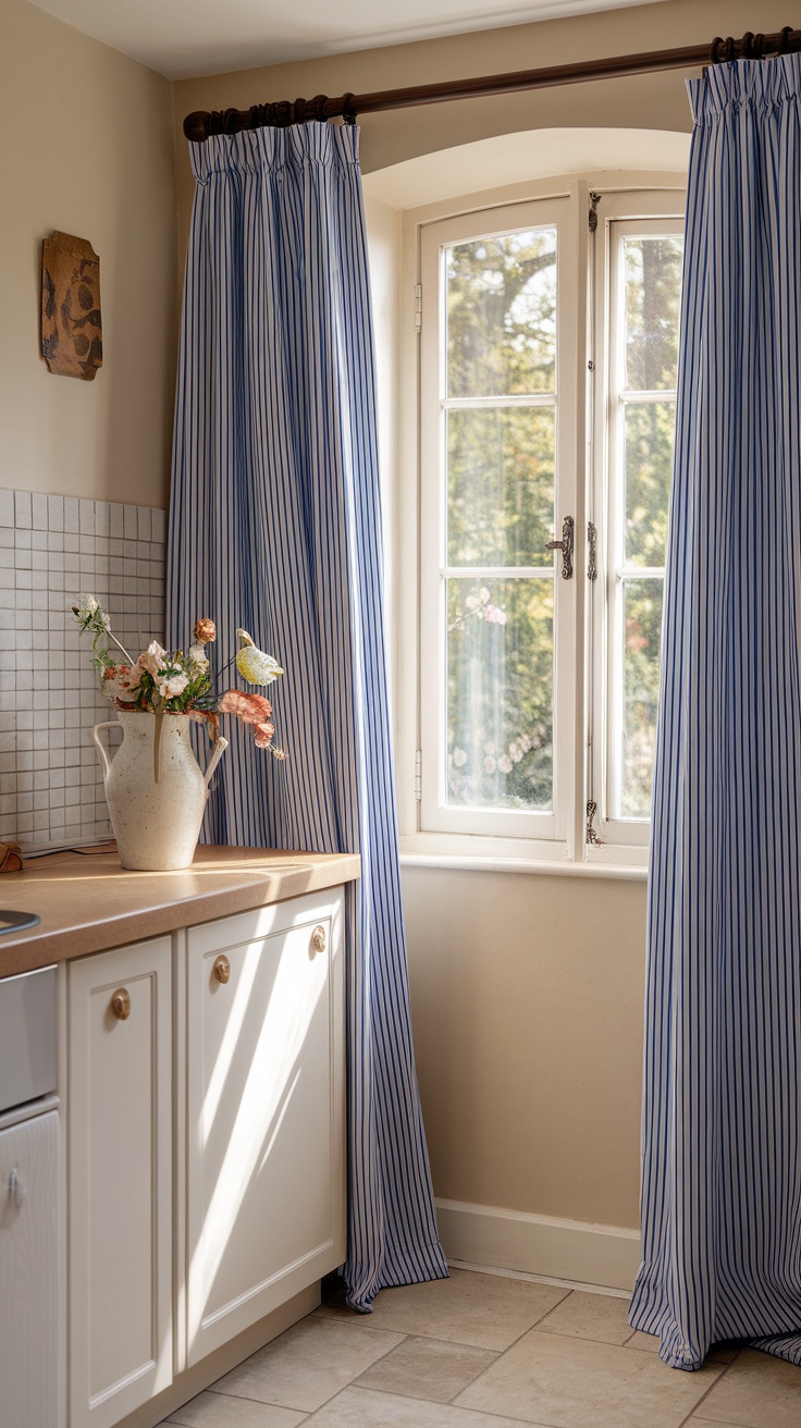A kitchen with blue and white striped curtains framing a sunny window, featuring a neutral color palette and a vase of flowers.