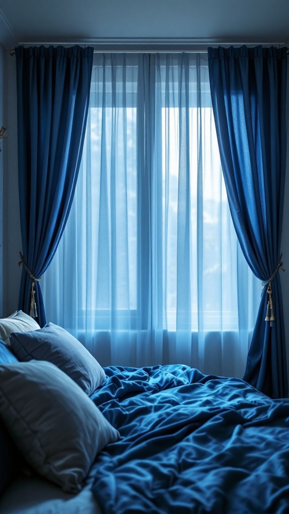 A cozy blue bedroom featuring blue curtains and soft bedding