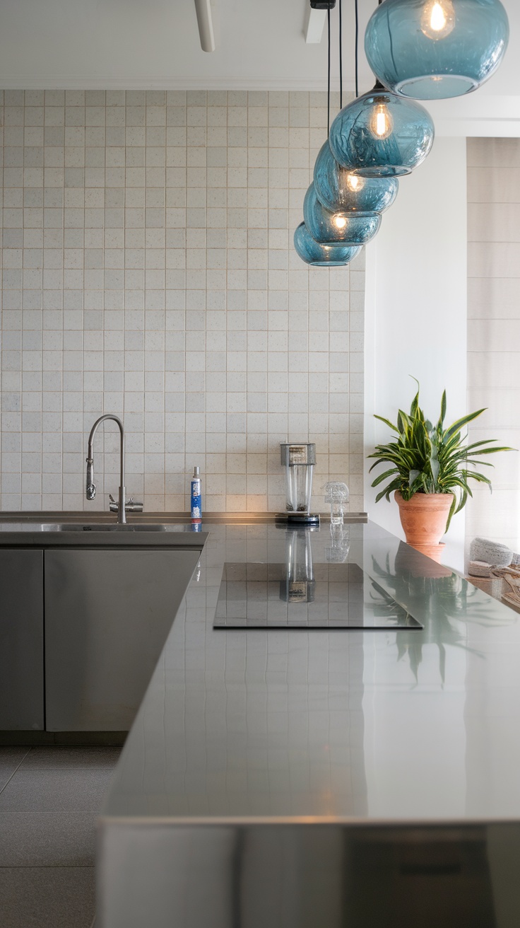 A modern kitchen featuring blue glass pendant lights above a shiny kitchen island.