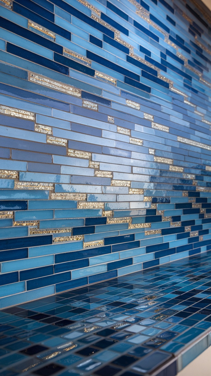 Blue mosaic tiles on a kitchen backsplash featuring various shades of blue and gold accents.