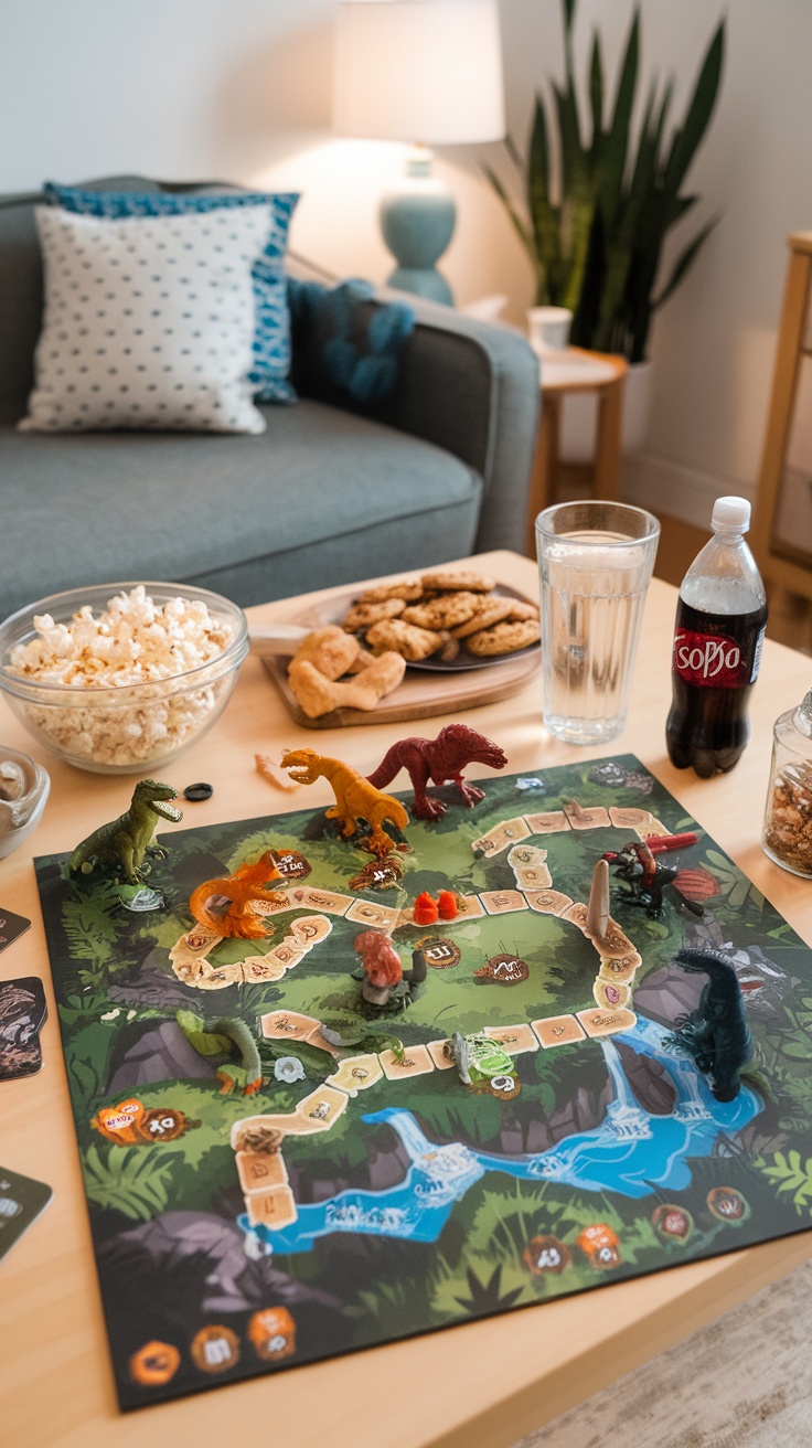 A cozy setup for a board game night featuring a colorful game board with dinosaurs and snacks.