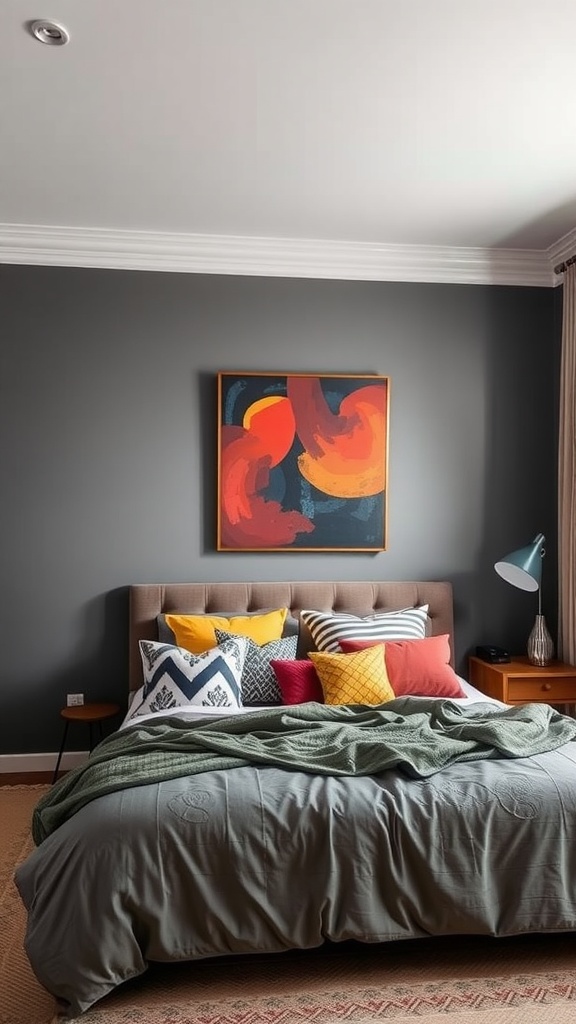 Cozy gray bedroom with colorful pillows and abstract artwork