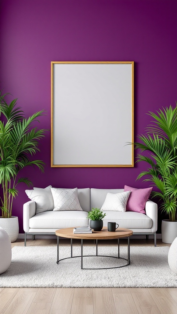 Modern living room with a bold plum statement wall, a white sofa, plants, and a round coffee table.