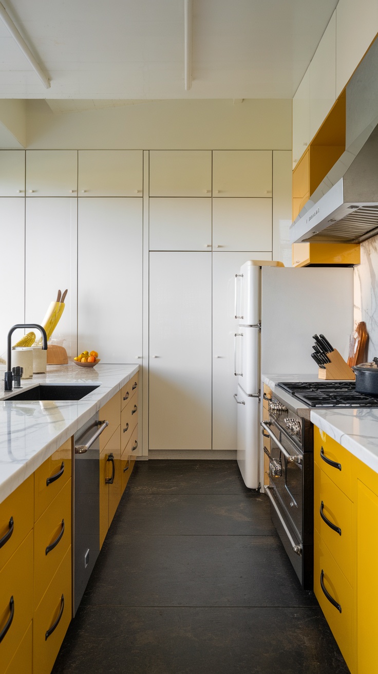 A modern kitchen featuring bold yellow lower cabinets, white upper cabinets, and a sleek design.