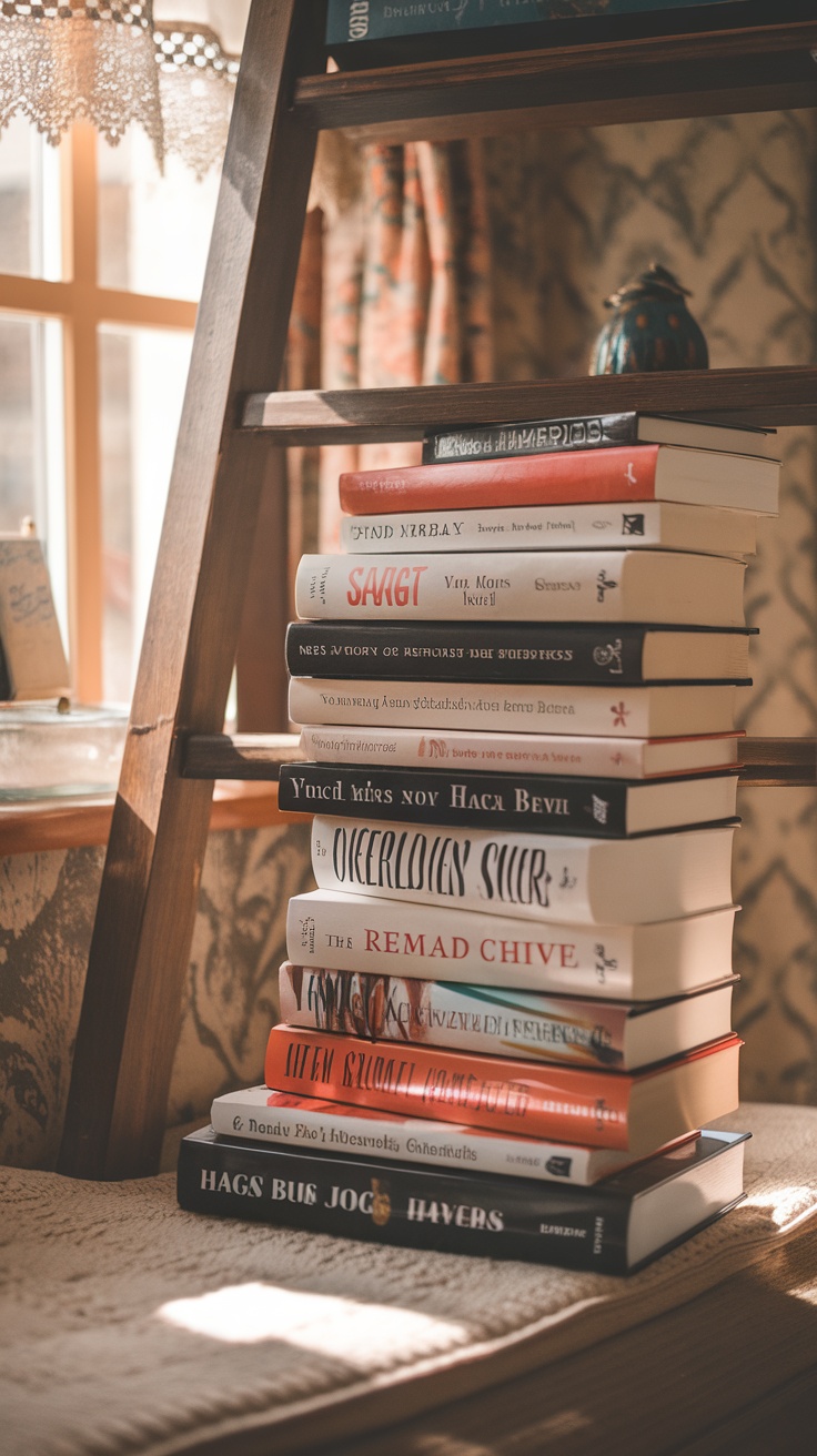 A cozy stack of books on a wooden ladder in a well-lit room